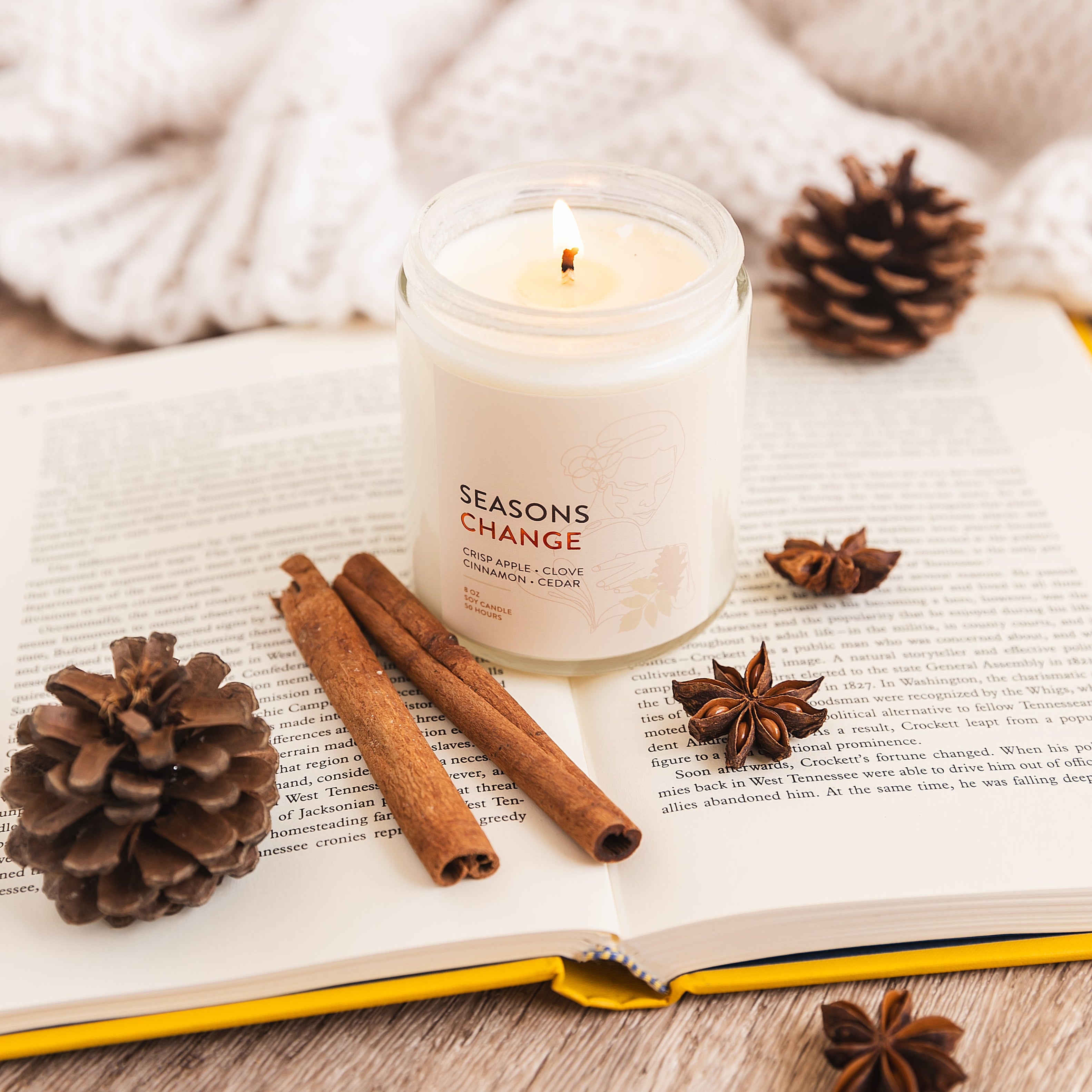 Candle labeled 'Seasons Change' on an open book with pine cones and cinnamon sticks.